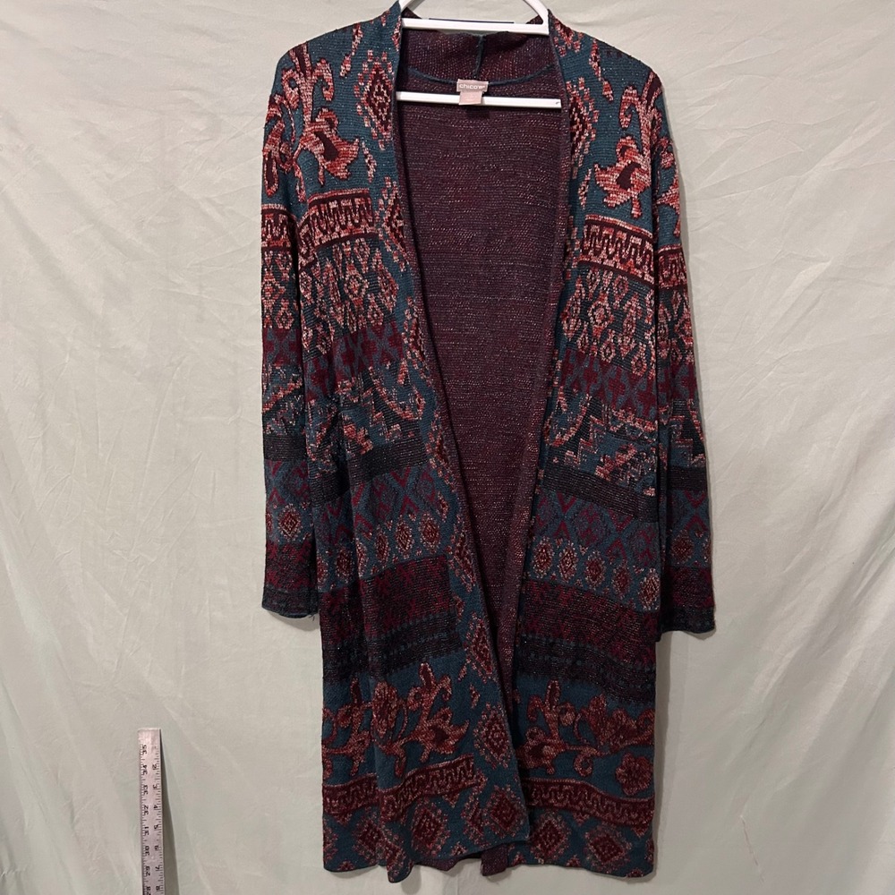 Chico's Womens Size 1 Medium Teal Burgundy Jacquard Metallic Longline Cardigan